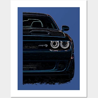 Neon Blaze: Dodge Challenger Fiery Half Body Front Explosive Design Posters and Art